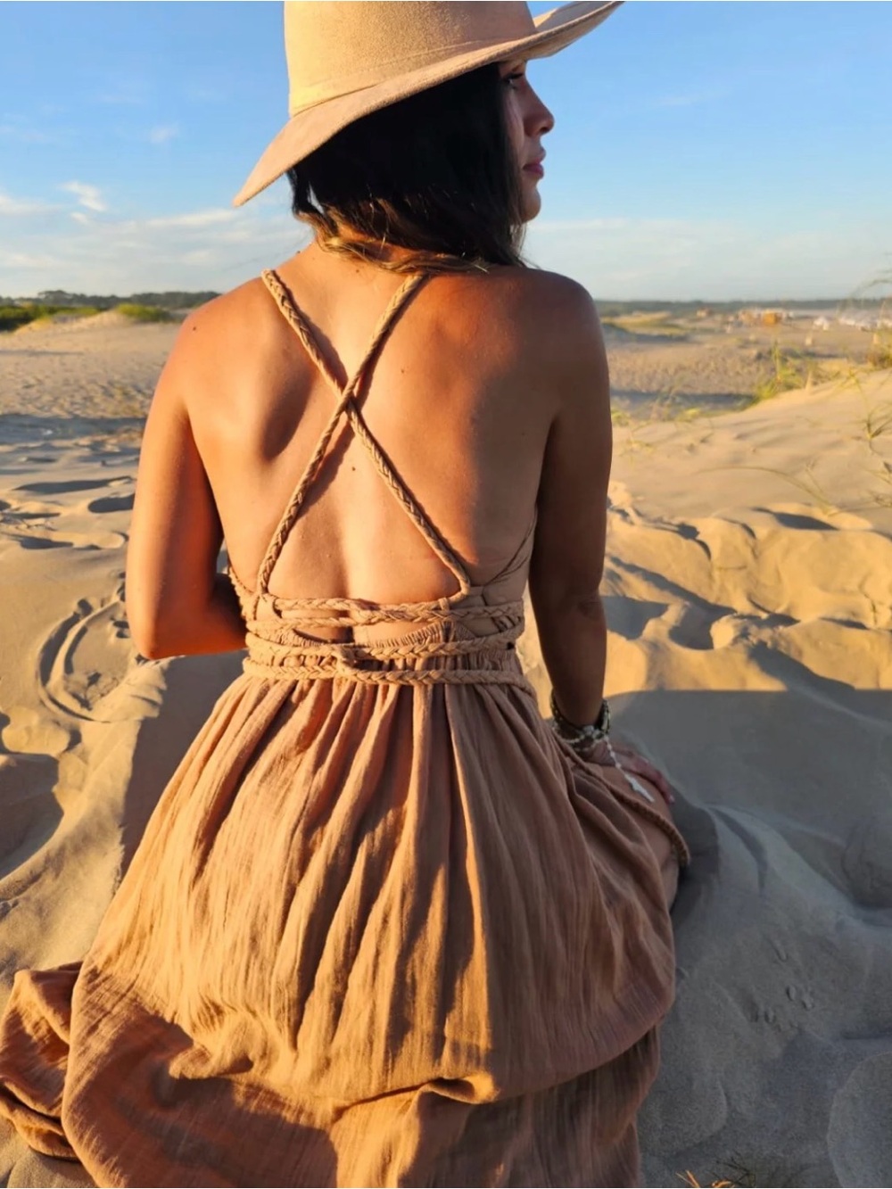 NWT Ibiza Embroidered Halter Maxi Dress in Tan/Pale Pink